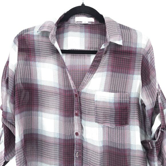Band of Gypsies Boho Sheer Purple Plaid Tunic Blouse Roll Tab Sleeve Pocket M - Picture 2 of 10